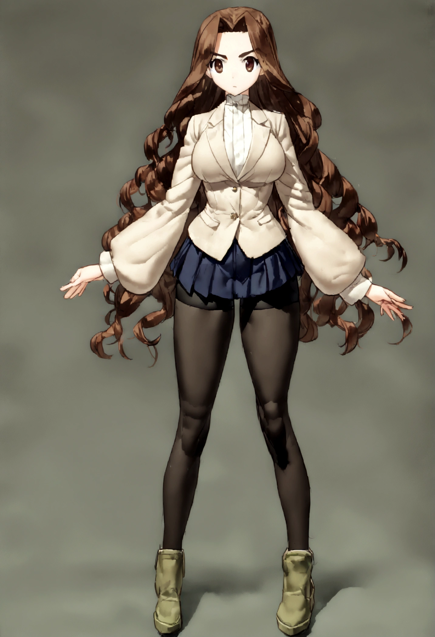 BREAK, centered. BREAK, (EMPTY BACKGROUND), BREAK, (masterpiece), best quality, high resolution, 8k, illustration, (beautiful detailed eyes:1.5), extremely detailed face, extremely detailed body, CG, perfect hands, perfect anatomy, (((1girl))), ((solo)), (((bbaoko))), ((2 legs max)), ((2 feet max:1.6)), ((swirling vortex shaped longest brown hair:1.5)), (brown longest hair with slightly reddish undertone:1.6), (lush luscious longest brown hair:1.6), (very long voluminous longest brown hair:1.5), serious, blue eyes, red bowtie, (Form-fitting beige blazer:1.5), brown jacket, (highly detailed beautiful face:1.2), (white shirt:1), (well shaped large breasts:1.6), (nice hips:1), (((Umber pleated thigh-high skirt:1.6))), (((black bike shorts:1.4))), (toned thighs:1.6), (jetblack thighhighs:1.6), (strap shoes brown color), (facing front:1.5), ((standing straight:1.5)), ((Fullbody in frame:1.6)), ((Full body:1.5)), ((takeuchi takashi:1.3))