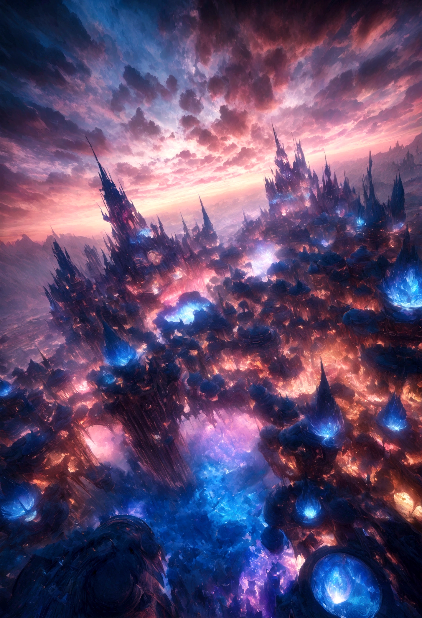 masterpiece, best quality, very aesthetic, absurdres, fantasy floating city, magical landscape, cinematic lighting, dramatic clouds, ethereal mist, glowing crystals, alien architecture, surreal environment, vibrant colors, detailed textures, intricate design, epic scale, photorealistic, 8k, hyper detailed