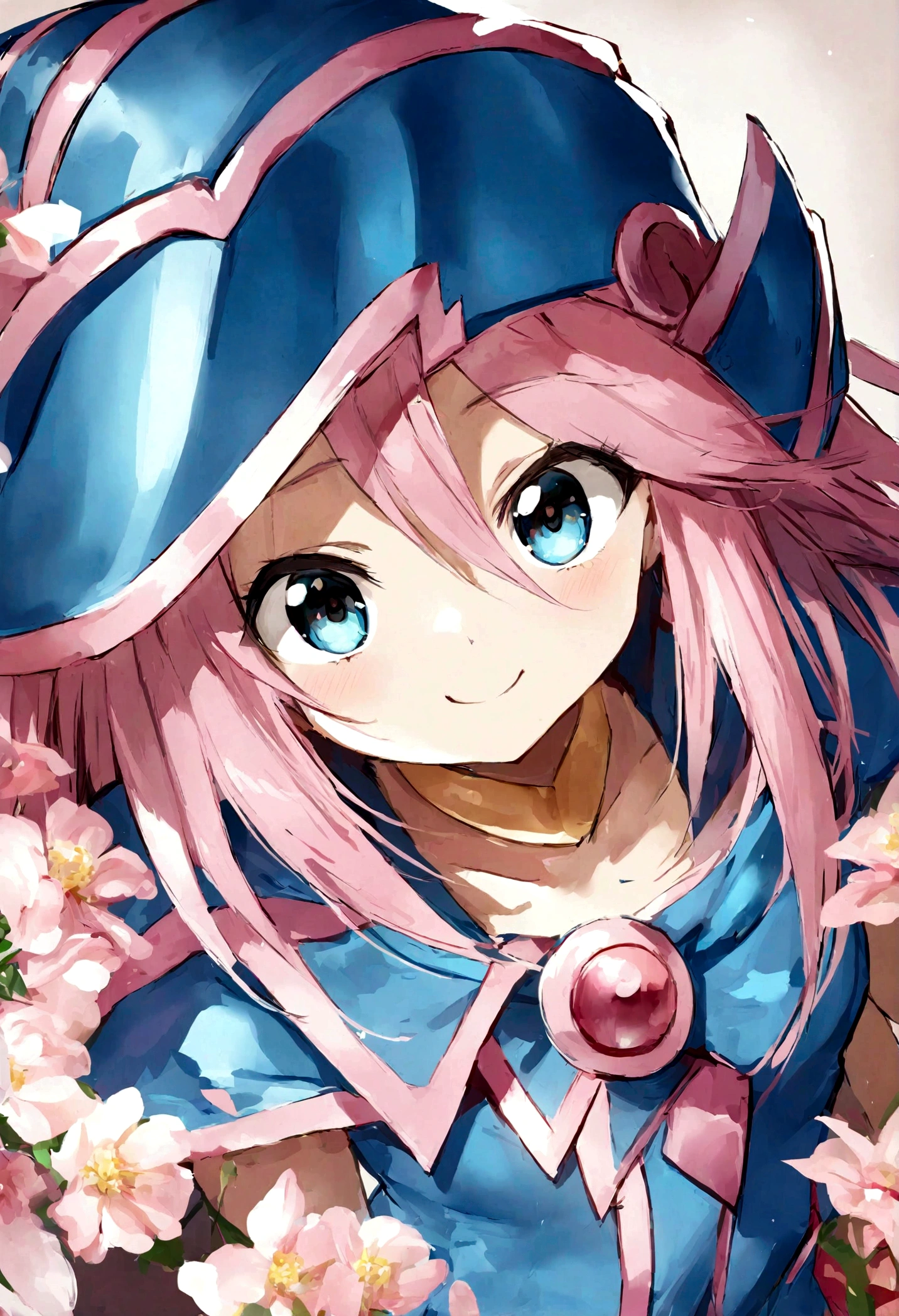 Dark Magician Girl,Yu-Gi-Oh!,1girl, cute, pink hair, big eyes, sweet smile, dress, flowers, fresh background