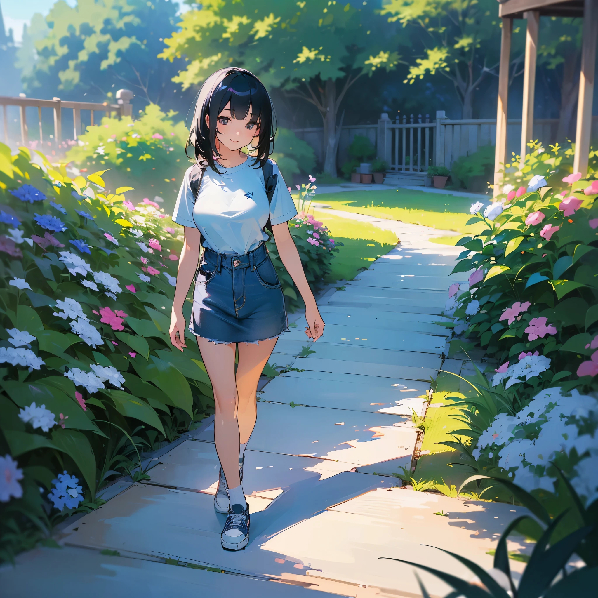 (high quality, High resolution, Very detailed, reality:1.37), Peaceful atmosphere, (Outdoor, garden), age girl standing alone, (my breasts are big.), Beautiful details, Cute Smile, (Black bob hair), Short sleeve shirt, Denim skirt, Blue socks, sneakers.