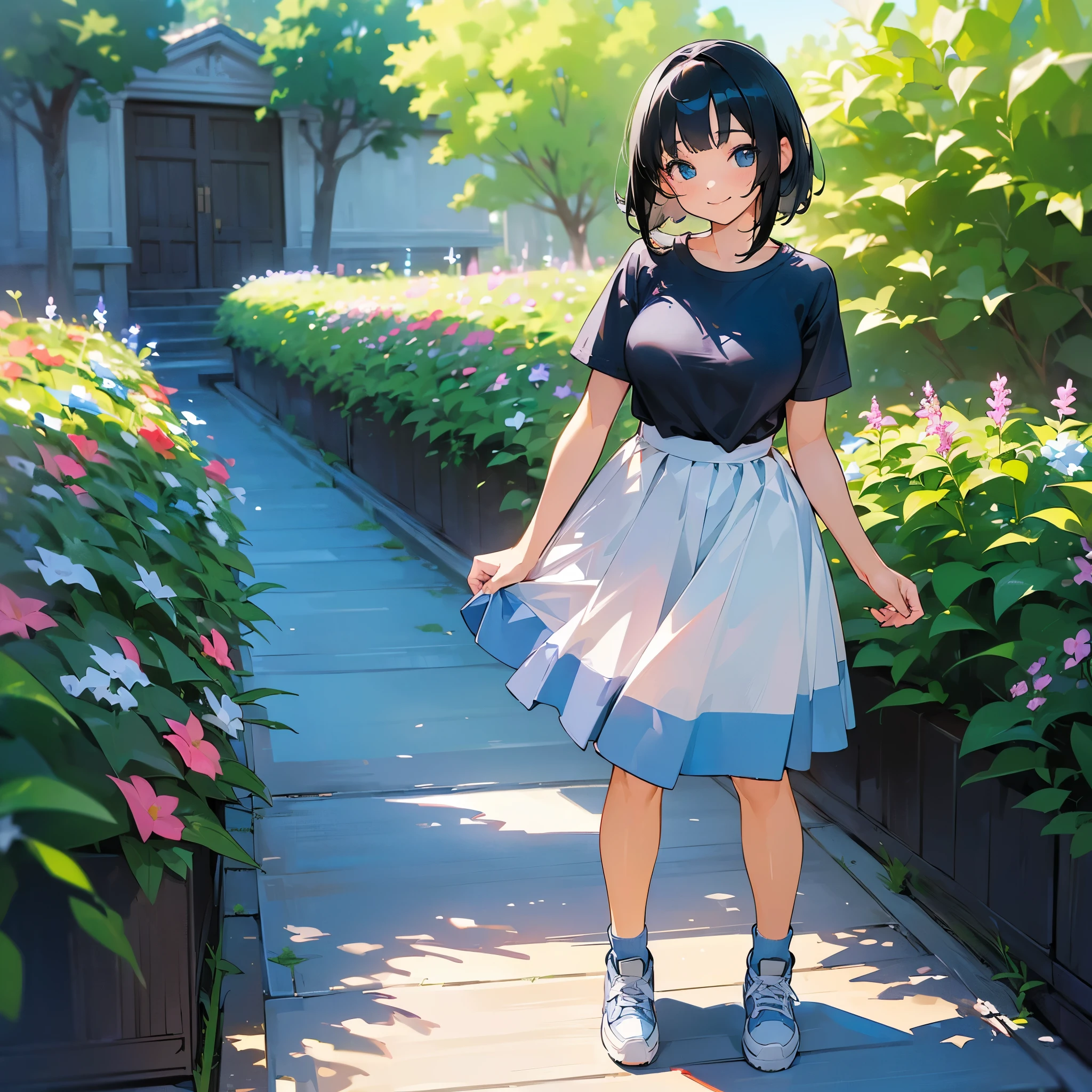 (high quality, High resolution, Very detailed, reality:1.37), Peaceful atmosphere, (Outdoor, garden), age girl standing alone, (my breasts are big.), Beautiful details, Cute Smile, (Black bob hair), Short sleeve shirt, Denim skirt, Blue socks, sneakers.