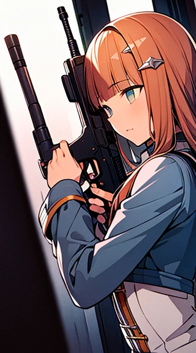 solo, 1girl, holding, weapon, girl focus, holding weapon, gun, holding gun, rifle, assault rifle, aiming, dynamic angle