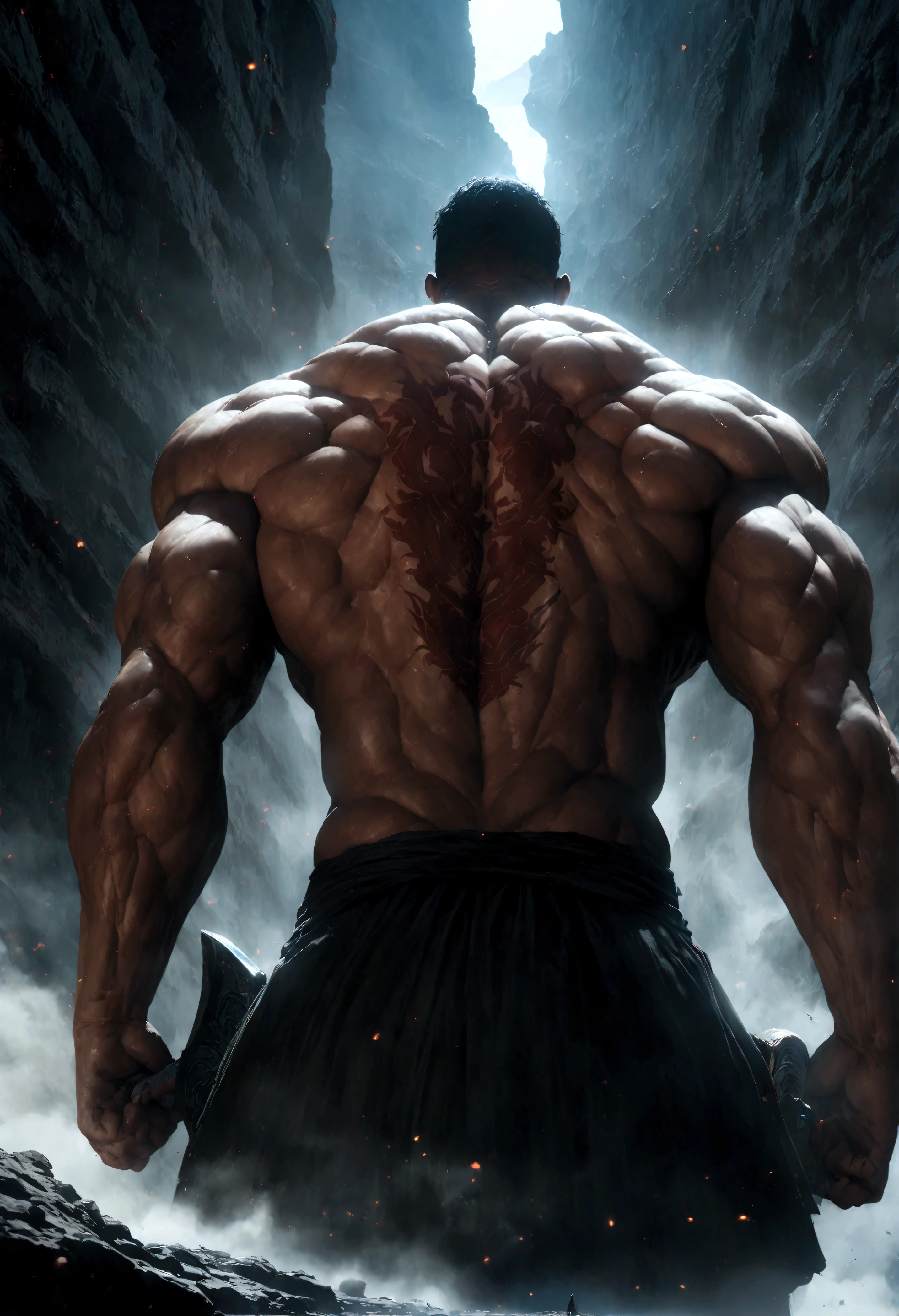 Upper Body，Giant，Behind the Scenes，Strong muscles，Back tattoo，(Double axe tattoo)，Huge walls，The End of the World，end of the world，Japanese anime style