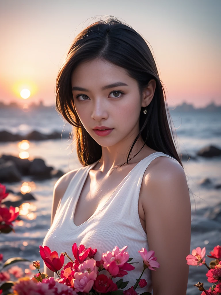 8K, 。...........。.。.。.3D, realist, Ultra Micro Photography, of the highest quality, Super Dutter CG Unity 8K,Beautiful woman with water droplets，Neon light，Random background，sunrises，bokha mood, long and loose hair，Petals fall in the wind，Nikon Photo Effects