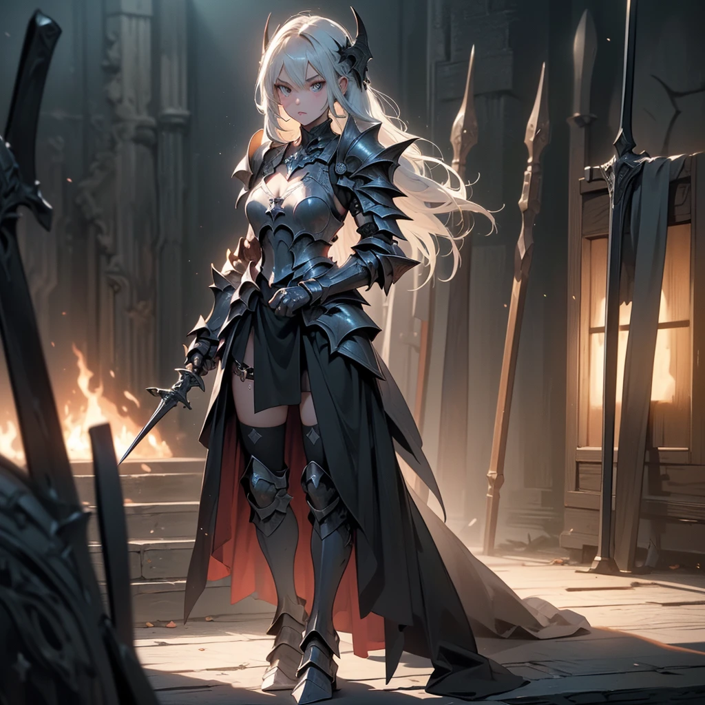 (((masterpiece, best quality, high detailed, 8k))) Design a layout showcase Gaming character, (1girl). Black armor, fierce and intimidating. ((showcase weapon:1.4)), demonic sword. (masterpiece:1.2), (best quality), 4k, ultra-detailed. (Step by step design, layout art:1.5), (dark lighting, shadowy atmosphere). dark knight, ((glove full hands)), (((sinister armor:1.3))), spiked gauntlets, armored greaves, (((full_body_shot:1.4))). {In a haunted battlefield}.