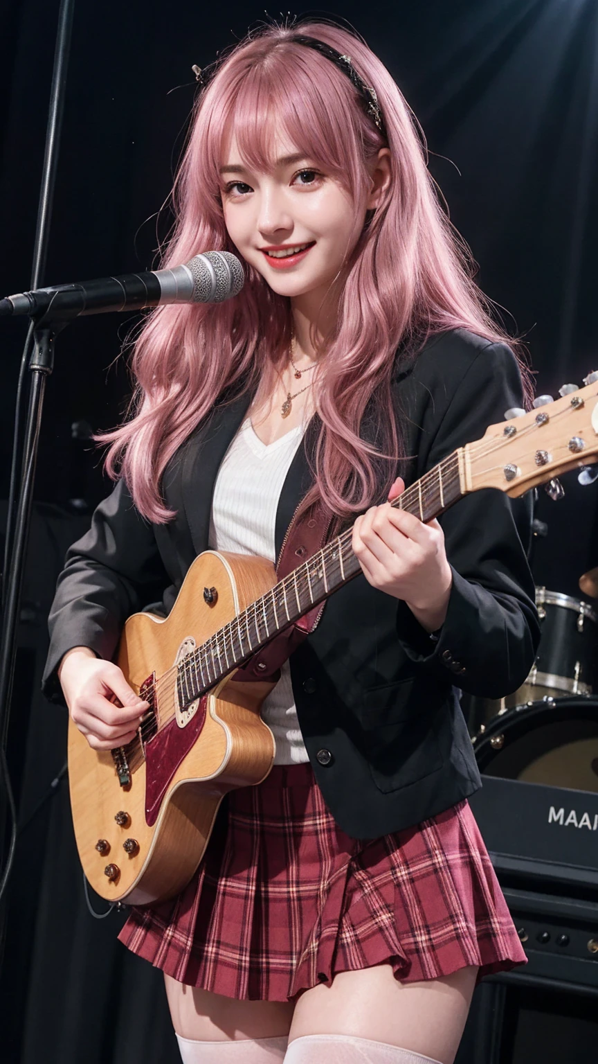 ((best quality)), photorealistic, photorealism, Photorealistic, high resolution, school girl blazer、 naked、Red checked knee-length skirt、Long skirt、JK Style、Jacket、smile、Knee-high socks、Thigh-high socks、pantyhose、A superb beauty、Super cute、ennui、Rare beauty、long hair、Black Dark Eyeshadow、Sad、white skin、pale skin, long hair straightener、Dark Gothic Makeup、Cute Smile、Fragrant beauty、Stained glass background、Mastepiece、Best Quality、Refers to 5 books、Sweat glistening on my chest、Sweat glistening on my face、Medium breasts、Pink hair、Age 20 years old、Mysterious look、A sad expression、Pink Hair、mysterious gothic church、enchanting castle、Sweating profusely all over the body、A lot of sweat and light on the thighs、Shiny thighs、Plenty of sweat glistening on the thighs、A large amount of sweat glistens on my thighs、Sweating profusely、Gal、Medium breasts、beautiful face、Alluring expression、Thin thighs、Playing electric guitar、I have an electric guitar、Sing a song enthusiastically、Playing guitar in a band、Playing guitar chords、Live House Background、Sing a song、Open your mouth、Live house scenery、Mike stand、Glamorous live stage、Dynamic Angle、cinematic lighting