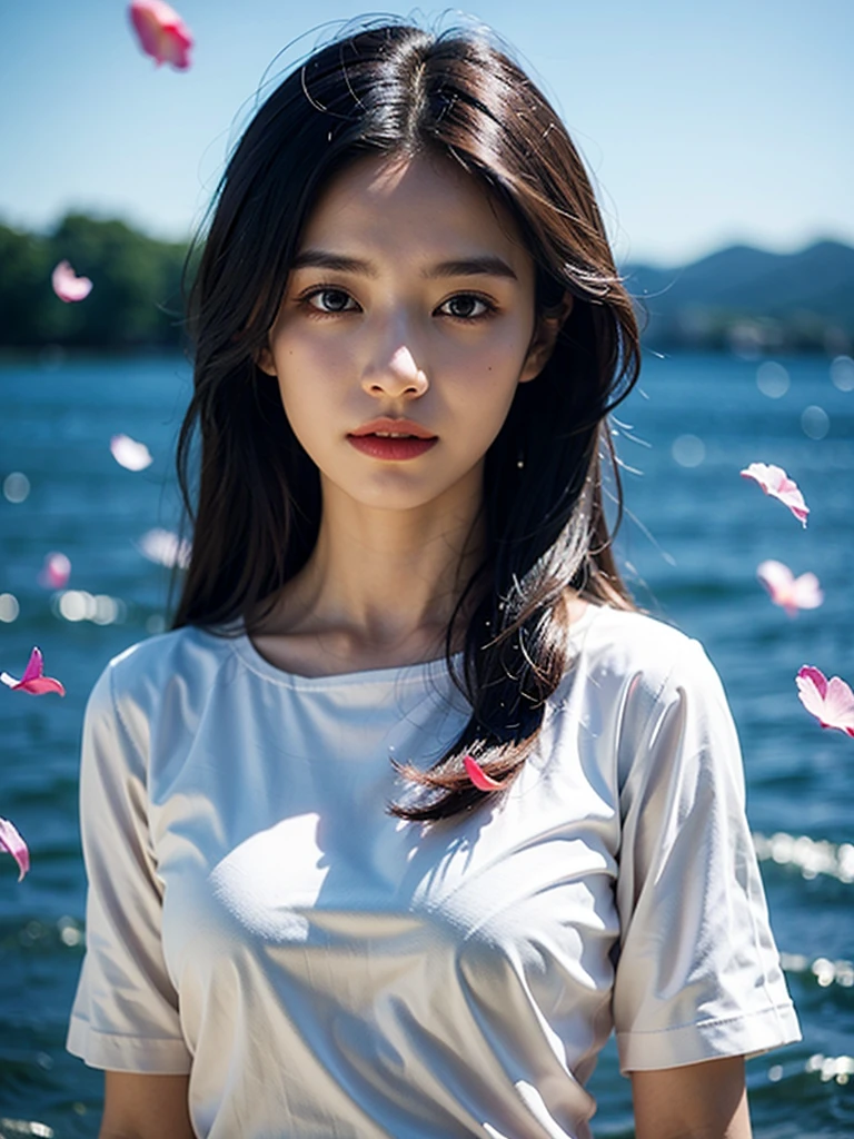 8K, 。...........。.。.。.3D, realist, Ultra Micro Photography, of the highest quality, Super Dutter CG Unity 8K,Beautiful woman with water droplets,Neon light,Random background,sunrises,bokha mood, long and loose hair,Petals fall in the wind,Nikon Photo Effects