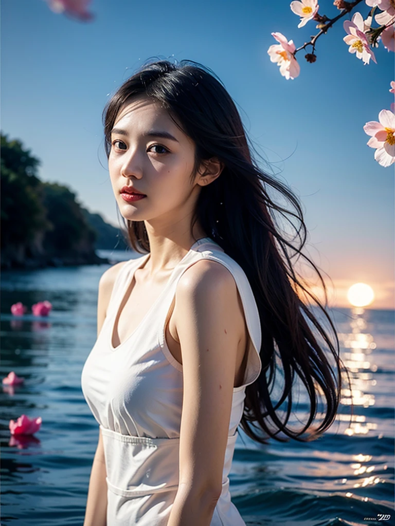 8K, 。...........。.。.。.3D, realist, Ultra Micro Photography, of the highest quality, Super Dutter CG Unity 8K,Beautiful woman with water droplets，Neon light，Random background，sunrises，bokha mood, long and loose hair，Petals fall in the wind，Nikon Photo Effects