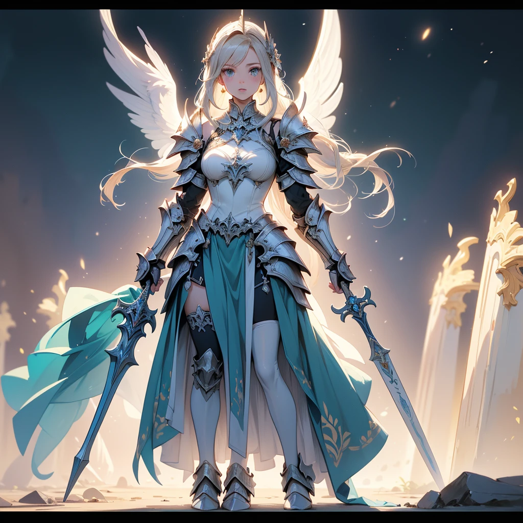 (((masterpiece, best quality, high detailed, 8k))) Design a layout showcase Gaming character, (1girl). White|Blue|Gold armor, elegant and majestic. ((showcase weapon:1.4)), celestial sword. (masterpiece:1.2), (best quality), 4k, ultra-detailed. (Step by step design, layout art:1.5), (luminous lighting, atmospheric lighting). divine warrior valkyrie, ((glove full hands)), (((regal armor:1.3))), shoulder pauldrons, armored boots, (((full_body_shot:1.4))). {In a radiant celestial realm}.