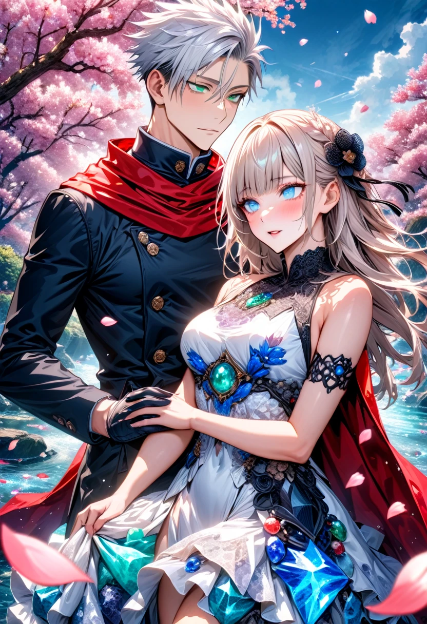 Ultra detailed, highres, absurdres, HDR, master piece, Gojo Satoru, white hair with bangs, hair between the eyes, white eyelashes, expressive blue eyes, Aida, ash blond hair with bangs, green eyes, white fantasy dress with black patterns, red cape, Jujutsu Kaisen, fantasy, petals, cherry blossoms, water, black ribbon on her hair, black gloves, a handsome man together with a beautiful woman, sexy, couple, love, magic,