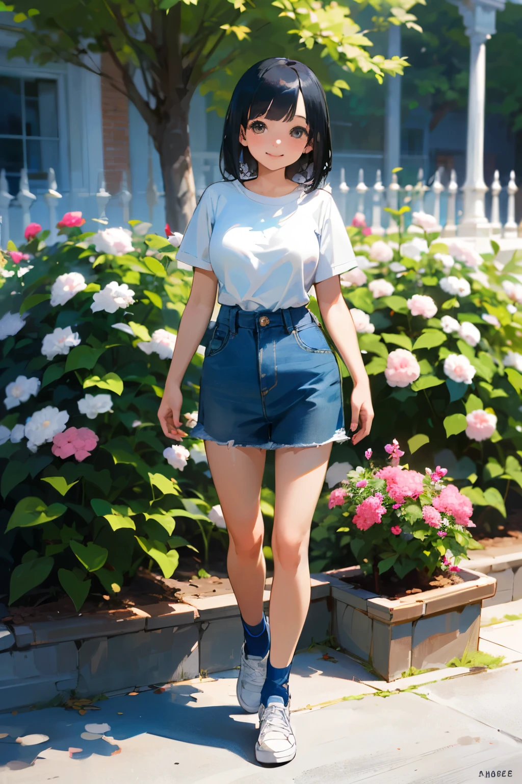 (high quality, High resolution, Very detailed, reality:1.37), Peaceful atmosphere, (Outdoor, garden), Teenage girl standing alone, (my breasts are big.), Beautiful details, Cute Smile, (Black bob hair), Short sleeve shirt, Denim skirt, Blue socks, sneakers.