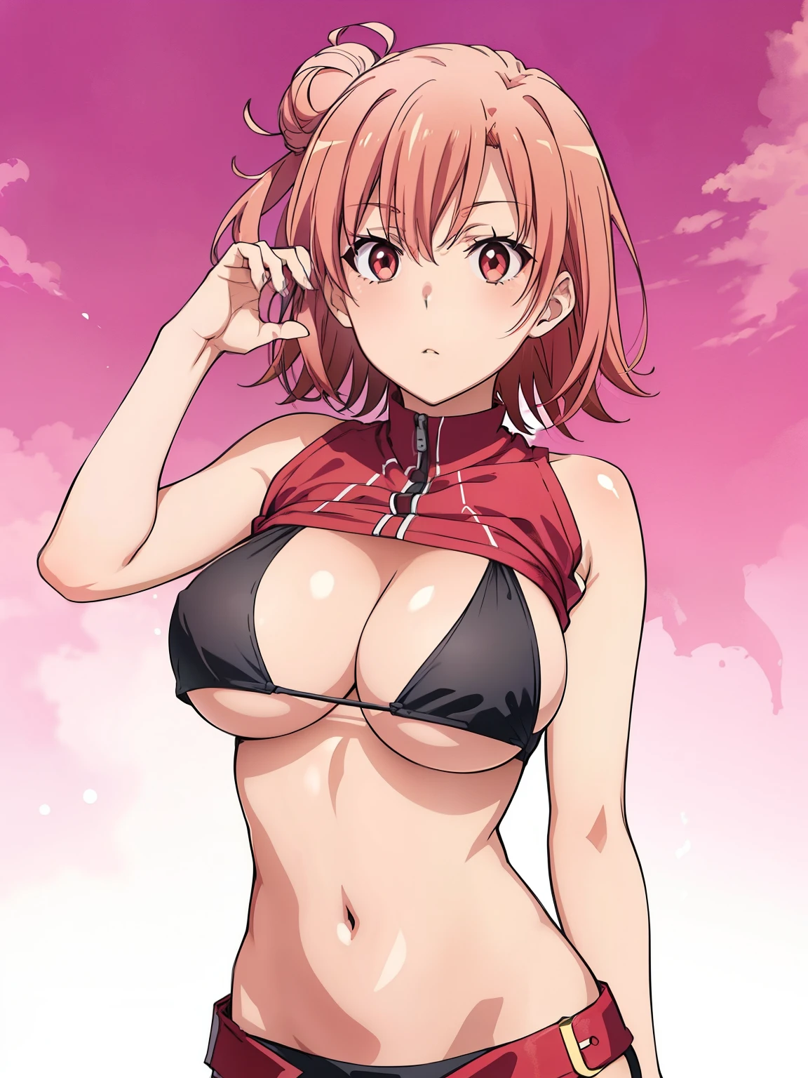 ((masutepiece, Best Quality, hight resolution, nffsw, Perfect Pixel, depth of fields, 4K, )), 1girl in, Solo, , Beautiful anime girl, Beautiful Art Style, Looking at Viewer, Perfect body, Yuigahama Yui, Short hair, pink hair, hairbun, (large boob), blowing a kiss, blank white background, cowboy shot