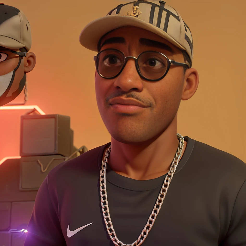 African-american man with round face, serious face expression, wearing cap, chain, sunglasses with black lens and wall background