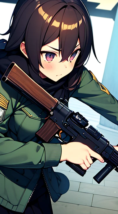 solo, 1girl, holding, weapon, girl focus, holding weapon, gun, holding gun, rifle, assault rifle, aiming, dynamic angle