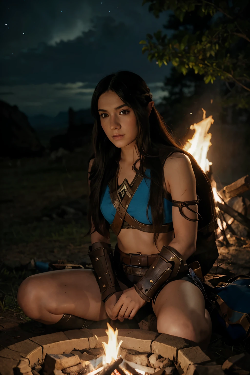 Estilo de dibujo the legend of Zelda breath of the Wild. Link in hyrule armor at a campfire next to a brunette girl with long black hair wearing barbarian armor and a very Zelda-style dark landscape 