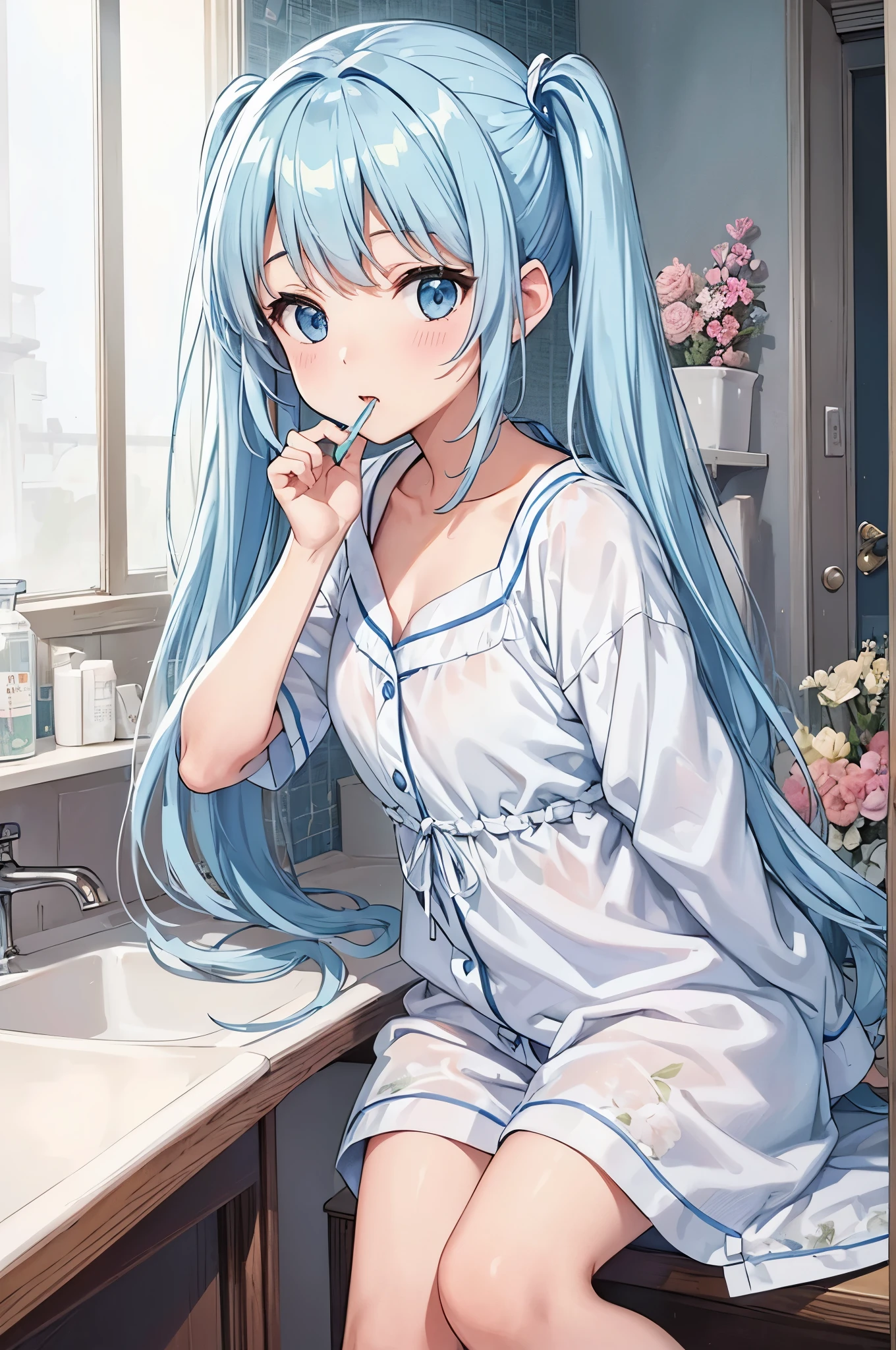 do my best to brush my teeth　Light blue long hair　Beautiful girl with twin tails　Just woke up　A bright, sunny washstand　White pajamas、There are lots of flowers around　　