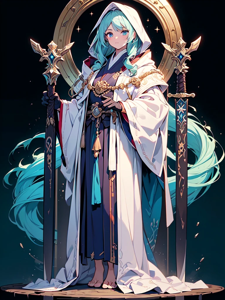 (((masterpiece, best quality, high detailed, 8k))) Design a layout showcase Gaming character, (1girl). Blue|White robes, mystical and ornate. ((showcase weapon:1.4)), enchanted staff. (masterpiece:1.2), (best quality), 4k, ultra-detailed. (Step by step design, layout art:1.5), (magical lighting, ethereal glow). arcane mage, ((glove full hands)), (((flowing robes:1.3))), intricate patterns, enchanted footwear, (((full_body_shot:1.4))). {In an arcane library}.