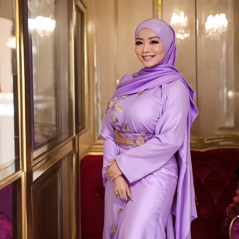 1 malay lady, wearing sexy kebaya, light purple hijab, hijab covers her hair, smiling, walking at ceremony, clapping her hands, big breast, high slit skirt, sitting politely