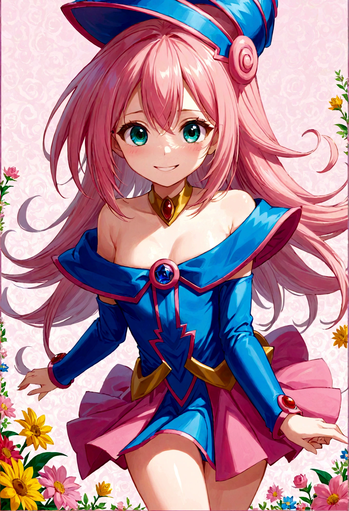 Dark Magician Girl,Yu-Gi-Oh!,1girl, cute, pink hair, big eyes, sweet smile, dress, flowers, fresh background