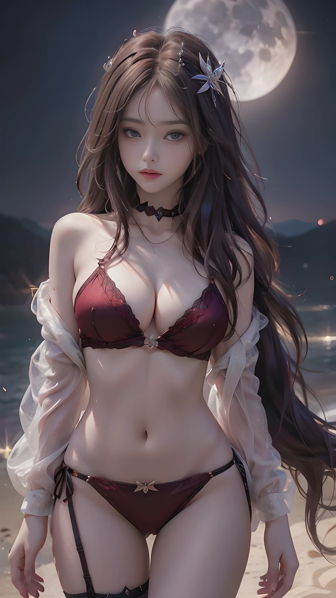 full hd 8k, Girl standing in front of a dark night scene, full moonlight reflecting on her beautiful face. Her long, silky hair was gently blown by the night wind, creating a gentle and romantic feeling. She is walking on a large beach. She looked up at the starry sky, as if searching for something, her eyes showing a pensive and lonely look. The full moon shines in the night sky creating a beautiful scene. The girl has long, silky hair, creating a luxurious and noble beauty. The moonlight shines on the girl's delicate face, highlighting her large, round light brown eyes, creating a natural, gentle beauty. She wore a little sexyly red bikini to create a sexy beauty. Her plumble breasts were exposed, revealing her plumble and extremely sexy breasts. These images capture detailed panoramic portraits and views of the sky and sea. All create a beautiful, wonderful picture that makes people unable to take their eyes off the scene. All of these details are depicted clearly and sharply, creating sexyly poses,