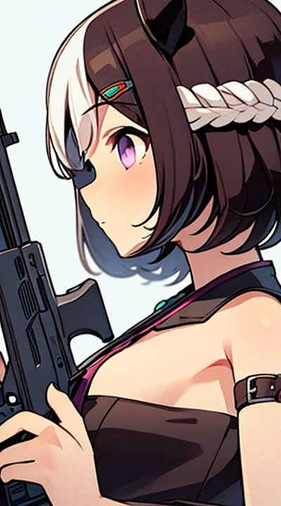 solo, 1girl, holding weapon, holding gun, assault rifle, aiming, dynamic angle