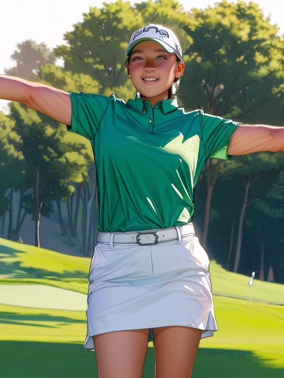 On the green at the final hole of the U.S. Women's Open、White undershirt、Wearing a yellow polo shirt and a white mini skirt、((Wearing Wacoal panties:1.3)), Japanese woman holding a golf club, Triumphant Pose, hinako sibuno, smiling、 Standing victorious and proud, Raise your arms, Wearing Wacoal panties, Young Hinako Shibuno、, UHD, accurate, masterpiece, anatomically correct, textured skin, high details, best quality, 16k