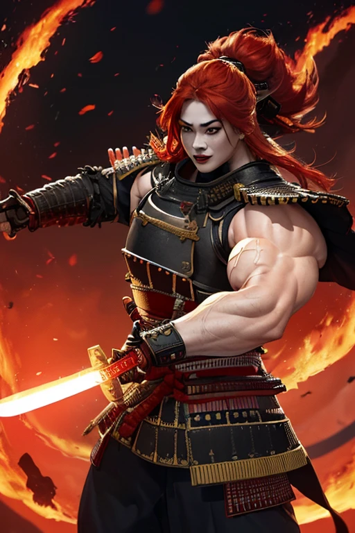 ((((Massive, tall, beautiful, buff, muscular pale white skinned asian female samurai with red hair, black lipstick, ginormous bulky muscles, holding a red fire sword and wearing an all red samurai armor with pants)))), {close view}, black eyeliner, massive muscles, large breast, massive biceps, hyper muscle triceps, (long hair), yellow eyes, samurai boots, In a battlefield, sleeveless, steel samurai armor, nighttime, confident smile, hyper muscles arms, hyper muscle legs, ginormous arms
