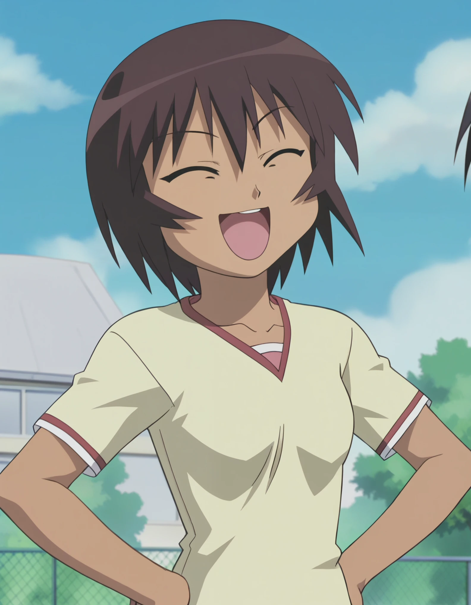 rating_all, anime screencap, flat colors, flat shadows, kagura, , outside school, hands on hips, closed eyes, laughing, looking up, tanned skin, upper body,