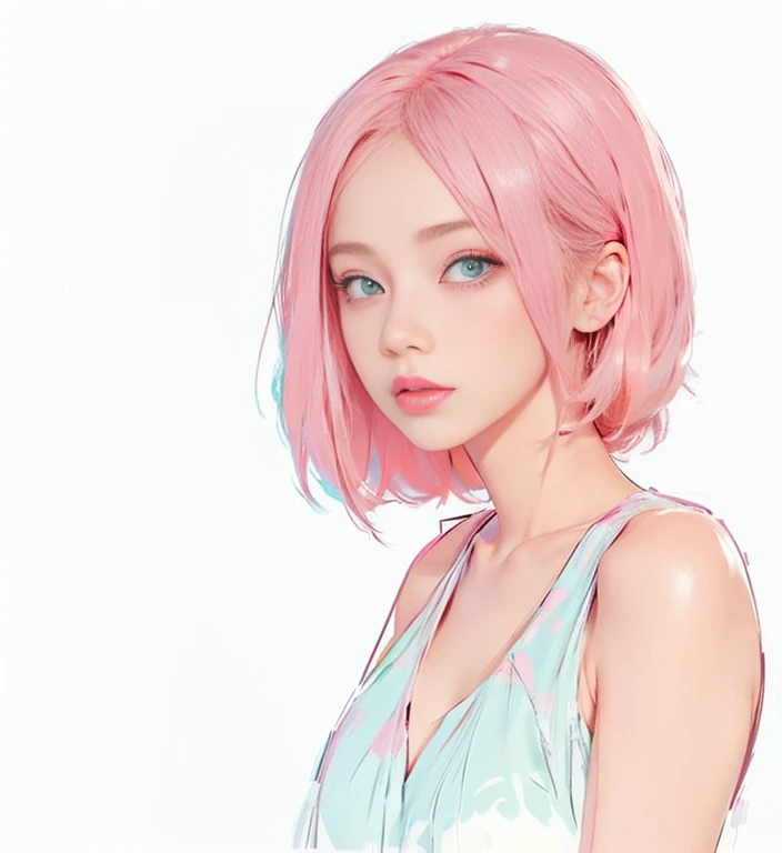 young woman, bubblegum pink hair tied in a bun, wide forehead, porcelain skin, pink eyebrows, emerald green eyes, upturned nose, thick pink lips, heart-shaped face, dark red clothes, Sakura Haruno, realism, well detailed, 3d
