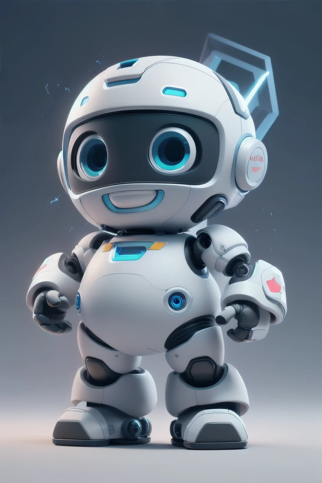 Metal material, 3d cartoon, a figure of a children-friendly robot assistant, designed for customer care, digital -screen-face, blue digital eyes, digital-square eyes, smiling. Chubby tummy, rounded-shape-triangular body, white metal body and a little bit of dark-blue-lightning pattern on the arms, full body, complete