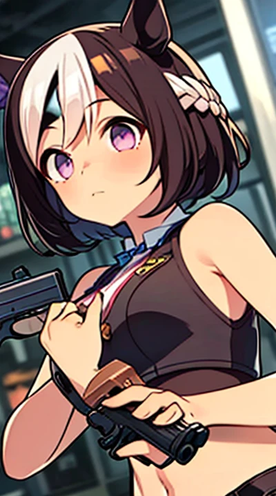 solo, 1girl, holding weapon, holding gun, assault rifle, looking at viewer, dynamic angle