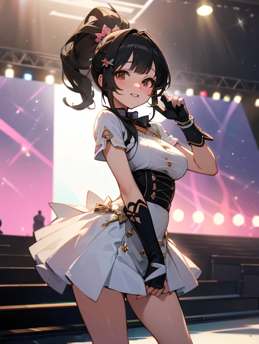 ((masterpiece)), ((best quality)), (ultra-detailed), ((kawaii)), cute, (lovely), ((sexy)), (ero), ((extremely detailed)), 4K, (8K), best quality, (beautiful), in the middle, Live performance venue, a cute girl, 1girl, solo, idol, young entertainer, beautiful black hair, beautiful brown eyes, ((beautiful eyes)), white-skinned, ponytail, large breast, fingered gloves, hair ornaments,lip, smile,parted lips, sparkling effect,standing