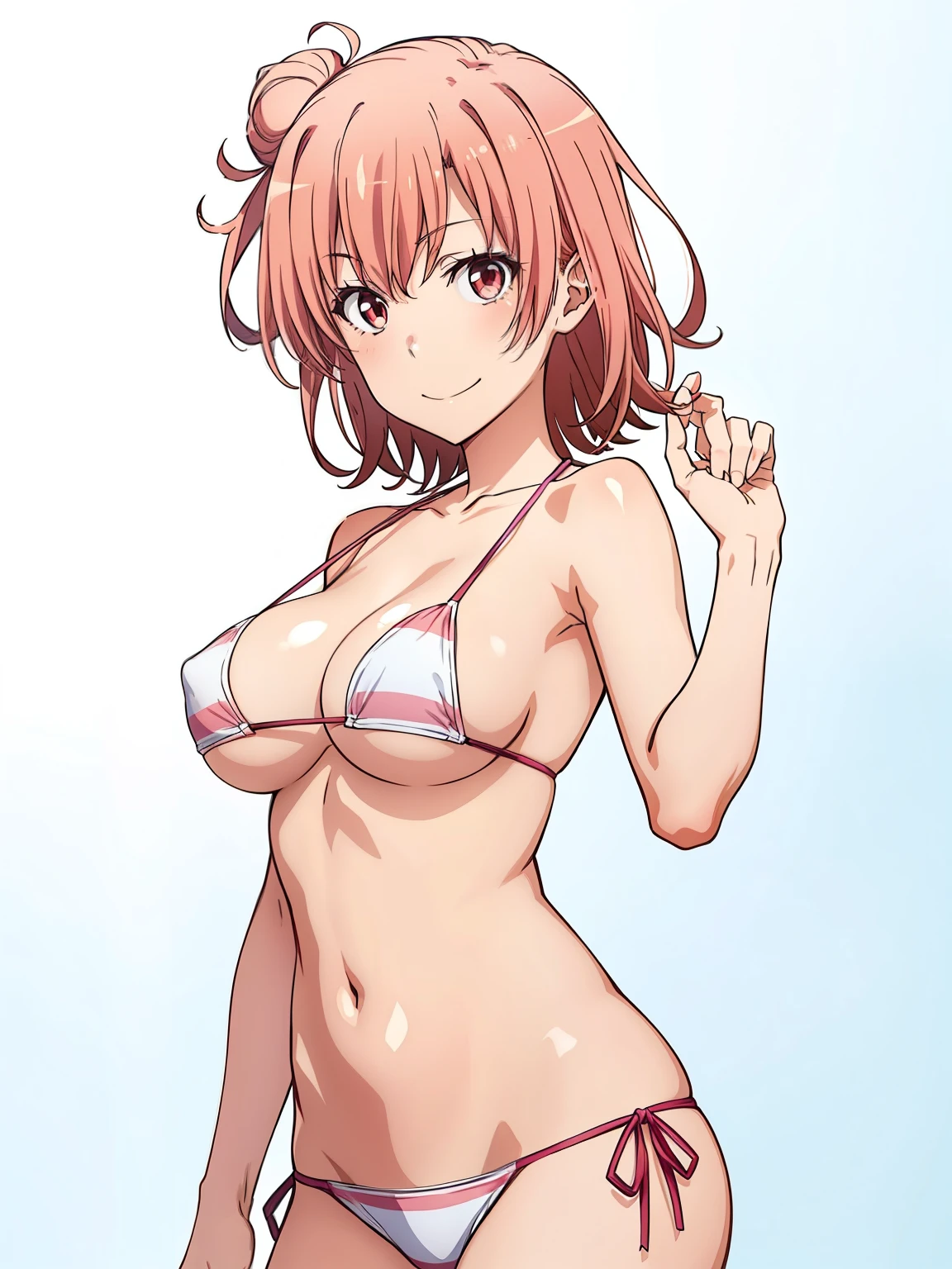 ((masutepiece, Best Quality, hight resolution, nffsw, Perfect Pixel, depth of fields, 4K, )), 1girl in, Solo, , Beautiful anime girl, Beautiful Art Style, Looking at Viewer, Perfect body, Yuigahama Yui, Short hair, pink hair, hairbun, (large boob), smile, micro bikini, blank white background, cowboy shot