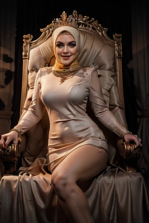 mid shot, highly detailed skin , natural breasts, perfect smile, hijabi, bright day light, soft shadows, creative blending, an award-winning masterpiece character concept art of solo, intricate, very inspirational, stunning, highly detailed, romantic, magic composition, light, amazing quality, elegant, perfect, hyper realistic, masterpiece, m leg sitting,naughty, RAW, Best quality, high resolution, Masterpiece: 1.3, Beautiful and sexy (hijab) lady, looking at viewer, MILF, 38 years old hijabi queen, Soft smile, rounded medium breast with tension, nude, open breast, nipple, (sexy royal dress), (tiara), (sitting on throne)