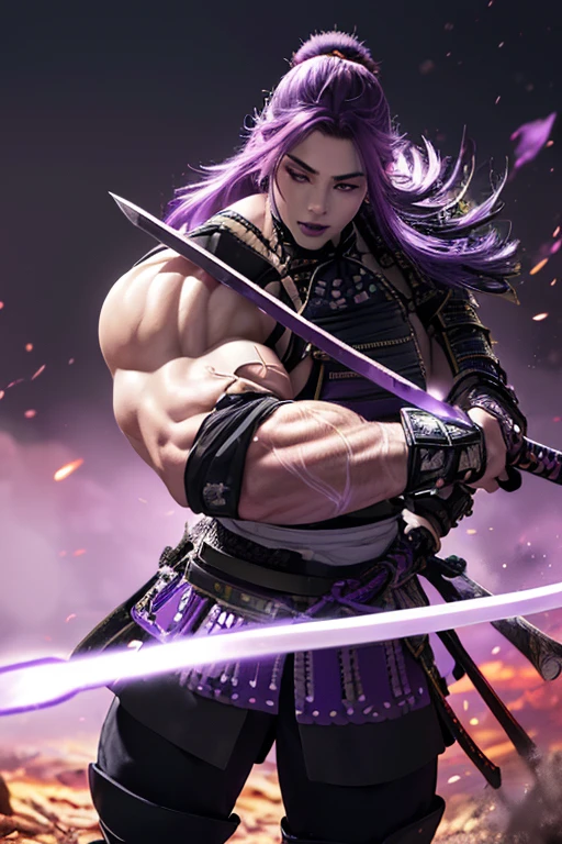 ((((Massive, tall, beautiful, buff, muscular pale white skinned female samurai with violet purple hair, black lipstick, ginormous bulky muscles, holding a violet fire sword and wearing an all violet purple samurai armor with pants)))), {close view}, black eyeliner, massive muscles, large breast, massive biceps, hyper muscle triceps, (long hair with long bangs), black eyes, samurai boots, In a battlefield, sleeveless, steel samurai armor, nighttime, confident smile, hyper muscles arms, hyper muscle legs, ginormous arms