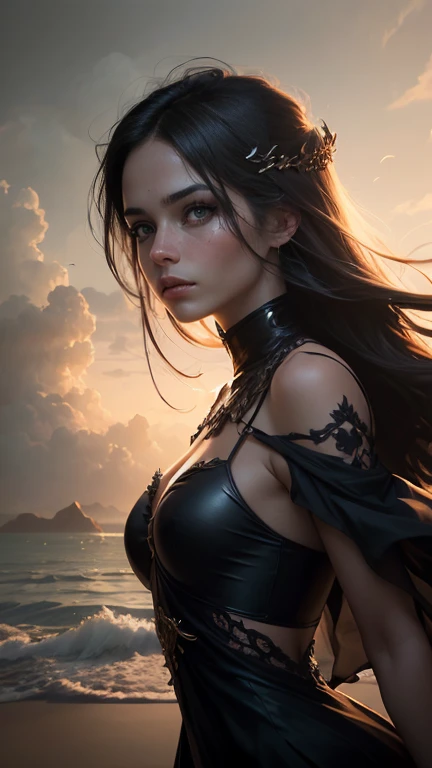 , high resolution, 16k Portrait of a woman Monaliza Congolese girl, with royal clothes ((viking Celta)) with real hair braided with feathers, High definition art, piercing, Green gentle eyes, well defined face, Mountains in Midgard detailed and sand in the background, night with glowing sand particles illuminating the scene, style artgerm, 32 mil, ultra HD, unreal mechanism rendered, hyper-realistic image, camara canon r6 objetivo 100mm 2.8f portrait 30 years old, diamond face, starry sky background, Depth of field, magie, big red lips, ((dark and black eyes)), Medium chest covered with futuristic panther adornments, royal gemstone necklaces on the neck, mystical atmosphere, menacing shadows, intense blue aura, Intense red aura (best qualityer:1.2), absurderes, details Intricate, (highly detailed skin:1.2), smile expression, posando, attractive bust. highly realistic, Brunette skin burned by the African sun, comely, Hyper-Realism, very elaborate skin, direct gaze, night sky, futurist, (work of art, ultra detaild, Uma high resolution) , I DON'T WANT HUMANS, There is a flow of energy, Very real scenario, clear shades of purple and blue, ultra details.