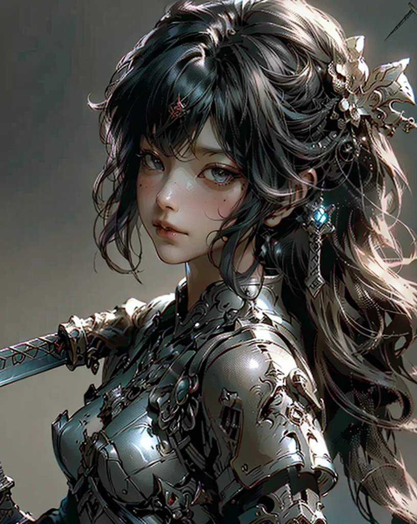 a woman dressed in armor holding a sword, by Akihiko Yoshida, fantasy art, granblue fantasy, detailed steampunk illustration, aerial viewyoji shinkawa, frank frazetta manga style