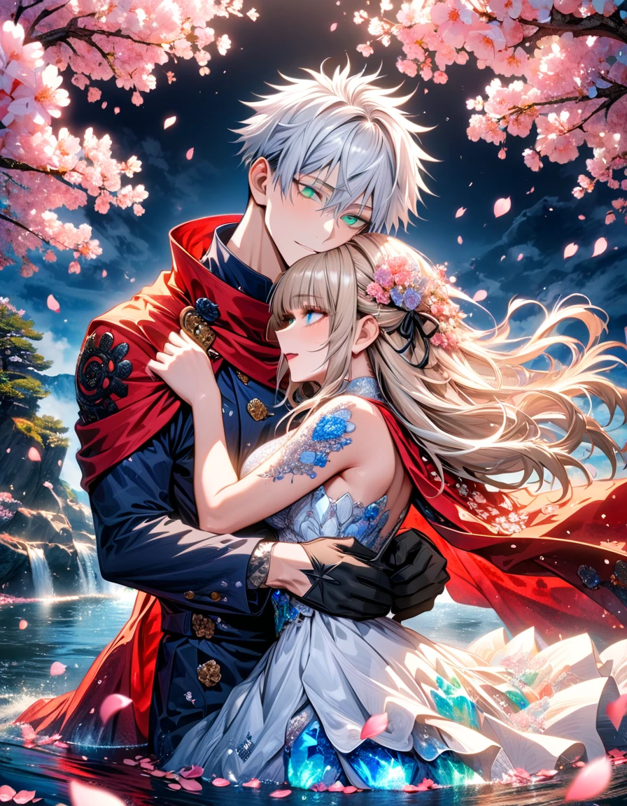 Ultra detailed, highres, absurdres, HDR, master piece, Gojo Satoru, white hair with bangs, hair between the eyes, white eyelashes, expressive blue eyes, Aida, ash blond hair with bangs, green eyes, white fantasy dress with black patterns, red cape, Jujutsu Kaisen, fantasy, petals, cherry blossoms, water, black ribbon on her hair, black gloves, a handsome man together with a beautiful woman, sexy, couple, love, magic,