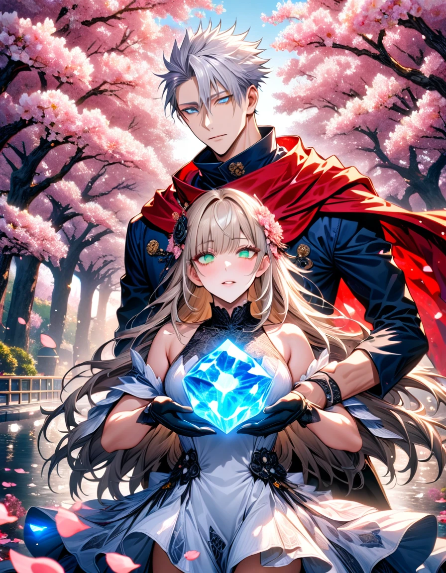 Ultra detailed, highres, absurdres, HDR, master piece, Gojo Satoru, white hair with bangs, hair between the eyes, white eyelashes, expressive blue eyes, Aida, ash blond hair with bangs, green eyes, white fantasy dress with black patterns, red cape, Jujutsu Kaisen, fantasy, petals, cherry blossoms, water, black ribbon on her hair, black gloves, a handsome man together with a beautiful woman, sexy, couple, love, magic,