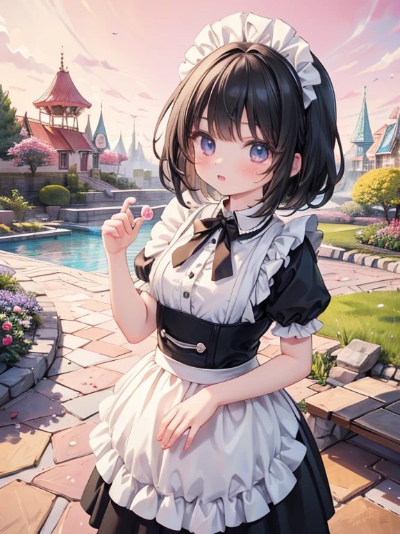 masterpiece, highest quality, Very detailed, 16k, Ultra-high resolution, candyland, full background, Cowboy Shot, Detailed face, Perfect Fingers, 17-year-old female, black eye, Black Hair, Braid, Black maid outfit