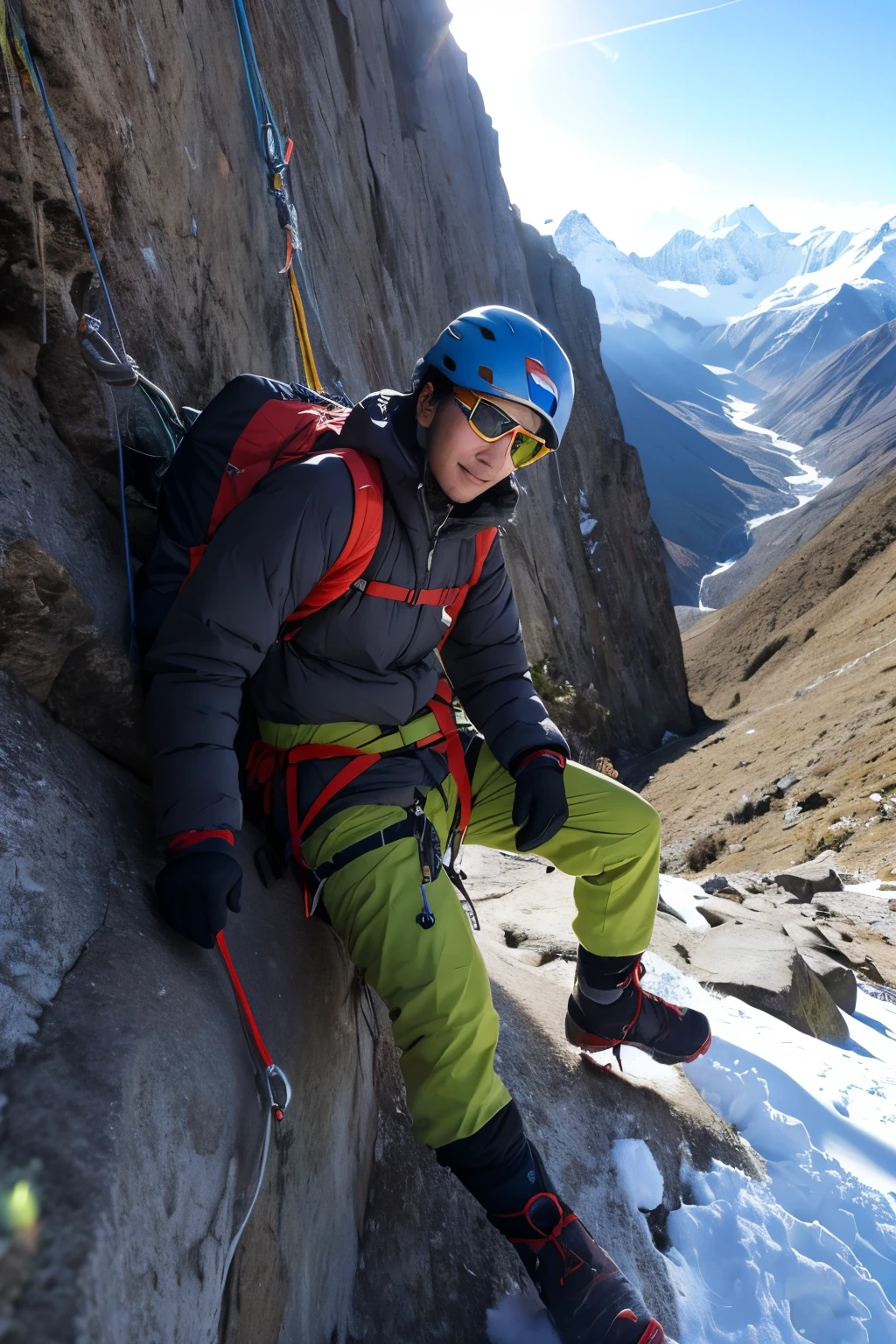 Himalayan climbing、 ◦ Equipment: cold weather clothing、gloves、hat、sunglasses、goggles。 ◦ Hiking boots、Crampons、Helmet、Supporter、“I am climbing the north face.”