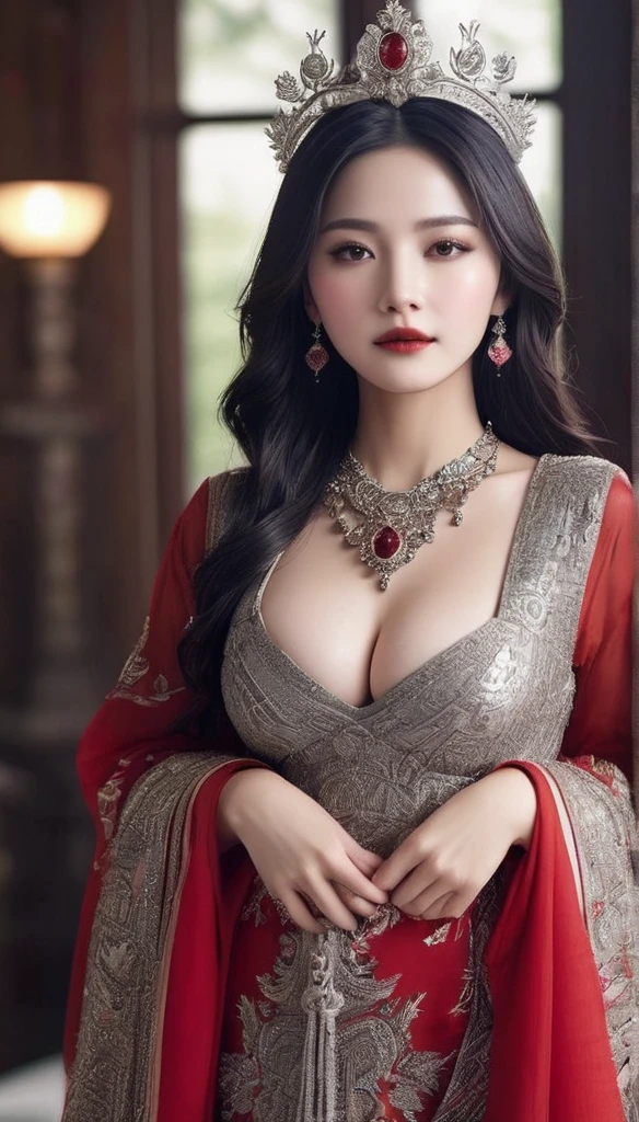 (((surreal woman)))、((very beautiful 30 year old brown woman))、(((Big big cleavage)))、のqueen Girl、black mature、plump body shape、smile、middle-aged beauty 、Very delicate and delicate skin texture、Witch Girl、{(ancient ornate and luxurious temple)、(many torches are burning)}、red lips、fine scarlet eyes、(((Luxury and gorgeous silver outfit and luxurious accessories)))、I have a shining platinum wand、