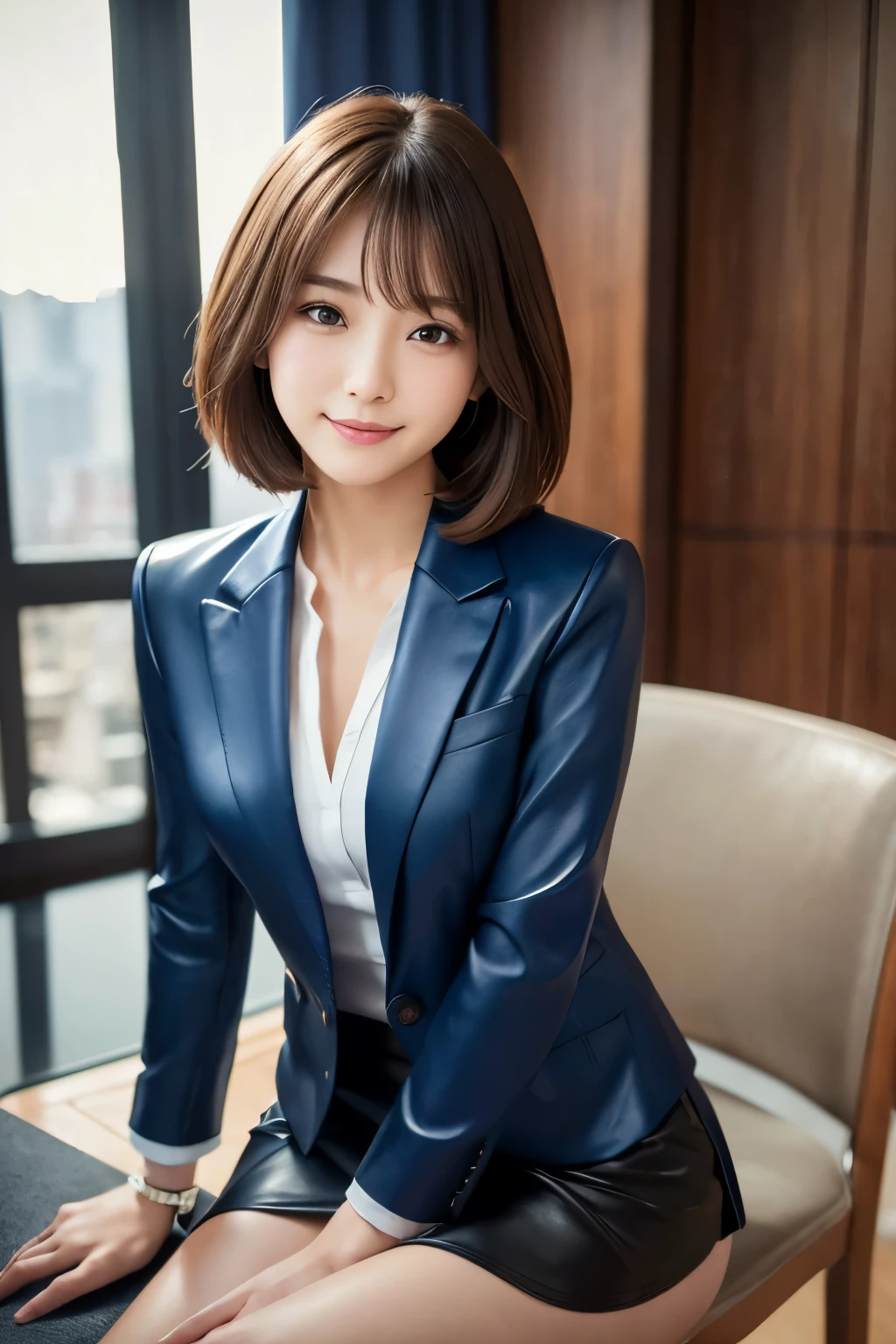 Leather business suit、Wearing a blazer（dark blue）、Tight Skirt（dark blue）、Realistic silk texture, RAW Photos, (8k、highest quality、masterpiece:1.2)、(Photorealistic:1.4)、 Vivid details, Realistic skin texture, short hair、Sitting at a table