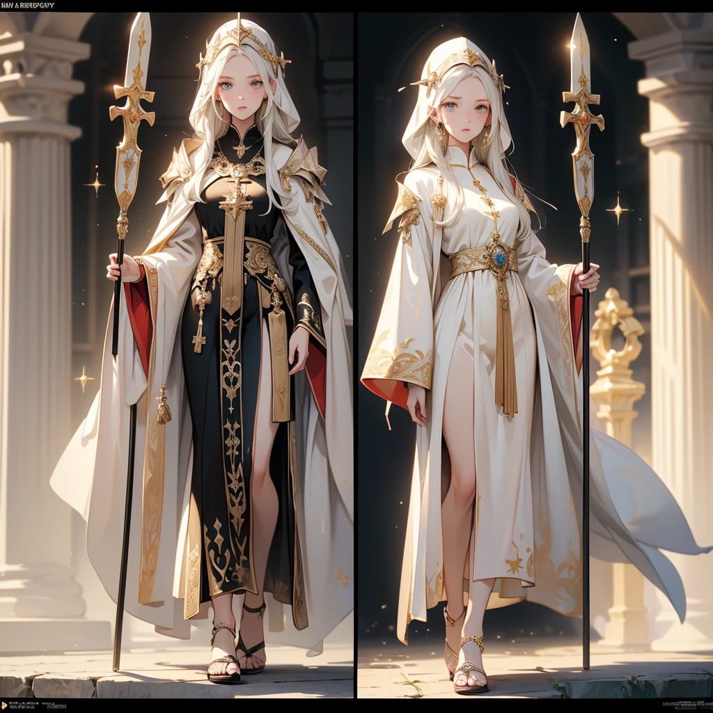 (((masterpiece, best quality, high detailed, 8k))) Design a layout showcase Gaming character, (1girl). White|Gold robes, divine and serene. ((showcase weapon:1.4)), sacred staff. (masterpiece:1.2), (best quality), 4k, ultra-detailed. (Step by step design, layout art:1.5), (holy lighting, radiant aura). celestial priestess, ((glove full hands)), (((holy vestments:1.3))), ornamental details, sacred sandals, (((full_body_shot:1.4))). {In a celestial sanctuary}.