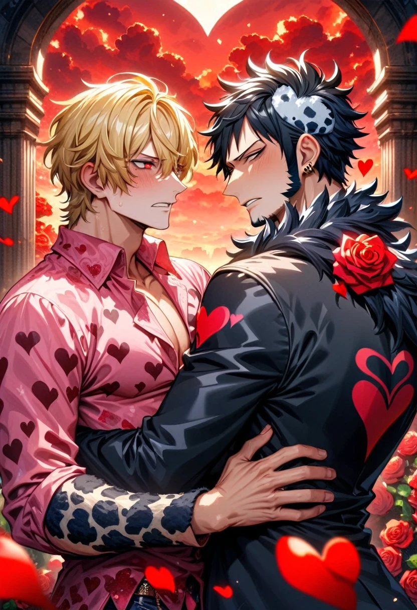absurdres, highres, ultra detailed, HDR, master piece, best quality, Donquixote Rosinante Corazon, expressive red eyes, blonde hair, One Piece, Trafalgar Law, black hair, expressive gray eyes, two sexy men together, gay couple, yaoi, handsome, black fur cape, pink shirt with heart patterns, black coat, magical, fantasy, red roses, red butterflies, red petals, red sky