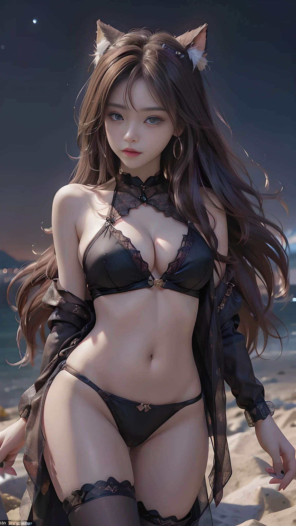 full hd 8k, Girl standing in front of a dark night scene, full moonlight reflecting on her beautiful face. Her long, silky hair was gently blown by the night wind, creating a gentle and romantic feeling. She is walking on a large beach. She looked up at the starry sky, as if searching for something, her eyes showing a pensive and lonely look. The full moon shines in the night sky creating a beautiful scene. The girl has long, silky hair, creating a luxurious and noble beauty. The moonlight shines on the girl's delicate face, highlighting her large, round light brown eyes, creating a natural, gentle beauty. She wore a little sexyly red bikini to create a sexy beauty. Her plumble breasts were exposed, revealing her plumble and extremely sexy breasts. These images capture detailed panoramic portraits and views of the sky and sea. All create a beautiful, wonderful picture that makes people unable to take their eyes off the scene. All of these details are depicted clearly and sharply, creating sexyly poses,