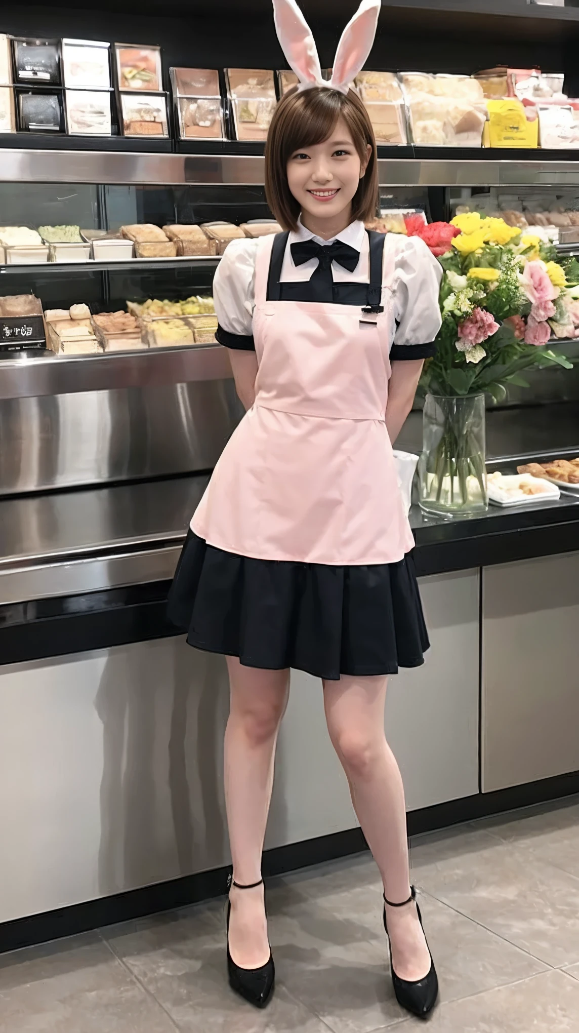 A bunny girl in a light pink maid outfit working at a maid cafe:1.5,The best smile:1.5,Full Body Shot:1.5,Gray background:1.5,Wearing black high heels:1.5,Brown hair, short cut, side wavy:1.5,Similar to Tsubasa Honda:1.5,crouch pose:1.5
