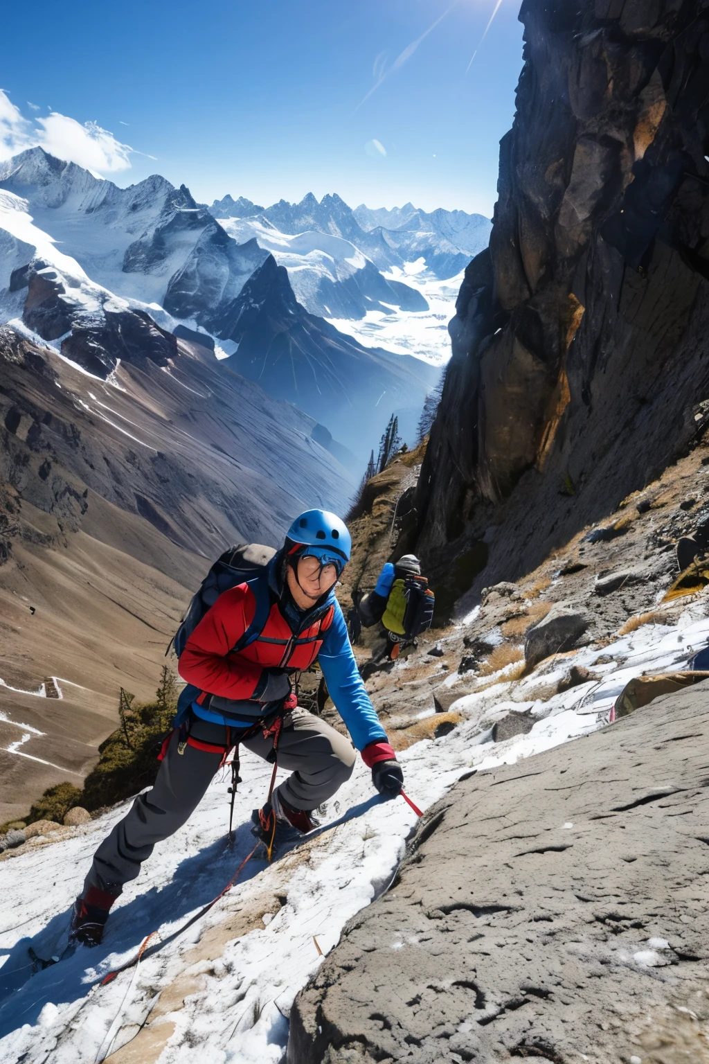 Himalayan climbing、 ◦ Equipment: cold weather clothing、gloves、hat、sunglasses、goggles。 ◦ Hiking boots、Crampons、Helmet、Supporter、“I am climbing the north face.”
