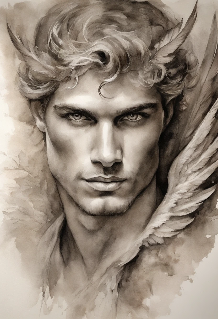 A zoomed in view of a handsome and sexy young man with angel wings , capturado em cores , his eyes looking directly at the viewer with an intense expression, his features etched with a sense of mystery and allure, cercado por tufos de neblina, adding an ethereal touch, Escultura,  Homen sexy Bonito atletico beleza italiana angelical com asas e plumas . Aquarela tinta pintura. Textura de tintas aquarela pingos e respingos de tinta. Corpo inteiro nu pelado, penis wake.  Male sexy nude. Male hot  underwear   
 sexy .  xxx