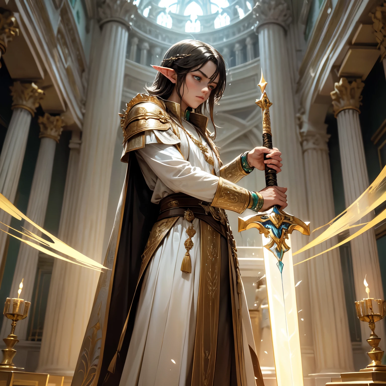 Create an 8K ultra HD digital image of a majestic dark brown haired elf prince, longos e lisos, vestido com trajes de realeza, caminhando pelos corredores do castelo. The prince has bright green eyes and olive skin.. He is dressed in a royal robe of emerald green velvet with gold and silver trim., Adorned with magical jewels that glow softly. Ele usa uma coroa de ouro com pedras preciosas, gold bracelets on her wrists and a magical amulet around her neck. Nos corredores, the prince wields the Sword of Zeus. The sword is made of celestial gold and emits golden lightning, with divine inscriptions along the blade that shine brightly. The hilt of the sword is adorned with small rays and lightning., simbolizando seu poder supremo. Ele segura a espada em uma pose de combate, pronto para defender o castelo, e ao seu redor, Electric sparks dance in the air. The Sword of Zeus is known for its ability to control thunder and lightning, e uma aura de poder divino emana dela, highlighting his dominance over the heavens. Tapestries of historical scenes, armor on display and chandeliers that cast a soft light on the stone walls create a noble ambiance. Janelas altas com vitrais coloridos filtram a luz do sol, creating a play of colors on the marble floor. Small niches along the hall contain statues of ancient elven kings and queens. The image should capture the beauty and elegance of the hallways, with an atmosphere of history and nobility, highlighting the prince's interaction with the Sword of Zeus.